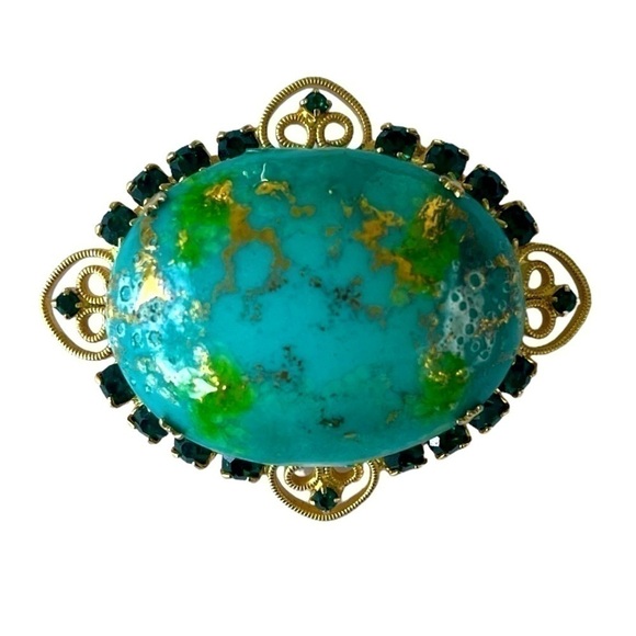 Vintage Brooch and Clip Earrings Set Green and Aqua Rhinestone rare 1960s - Picture 11 of 13